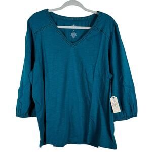 NWT St. John's Bay Women's Casual Crochet Blouse Ocean Blue Boho V-neck 1X